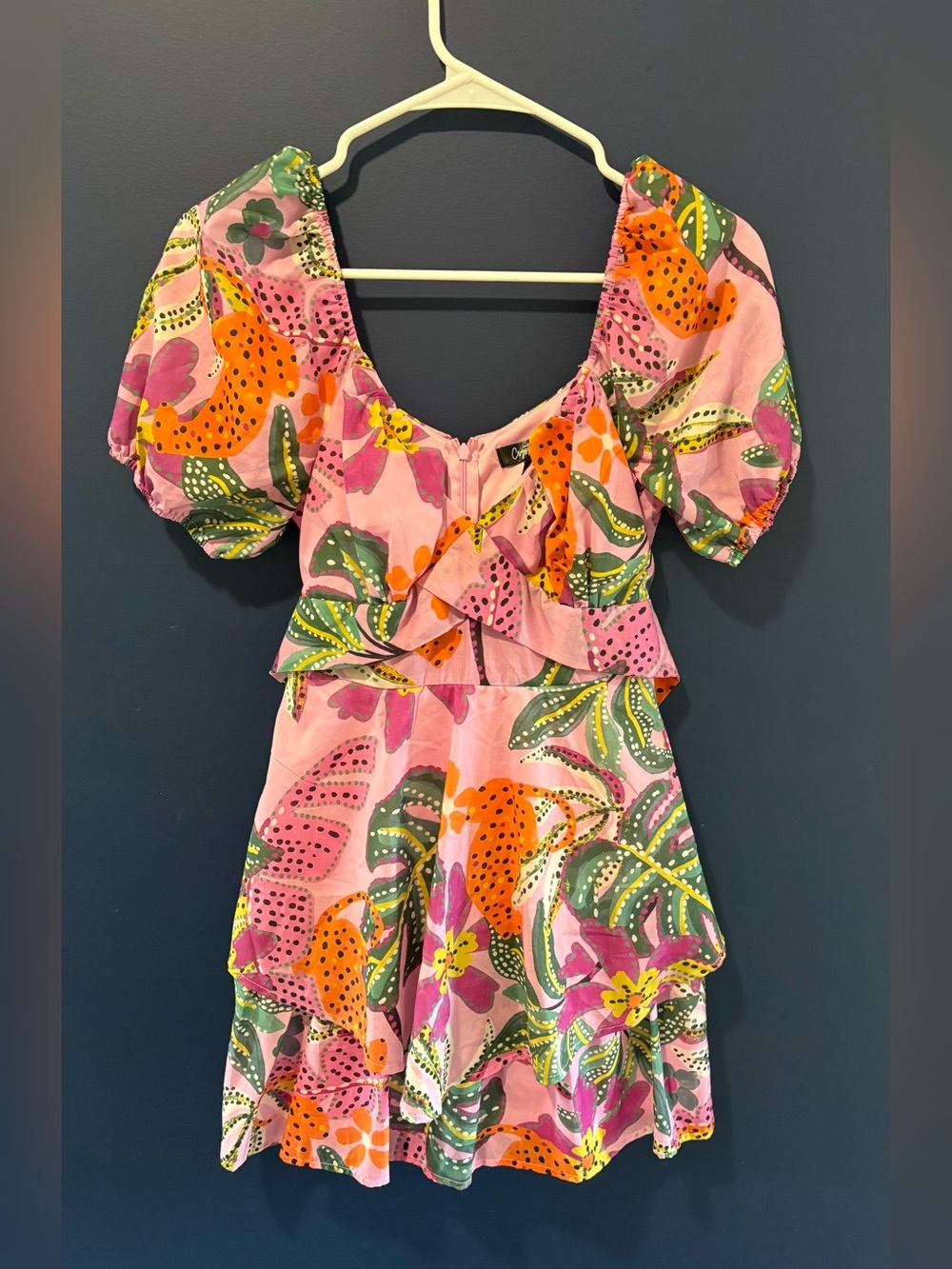 Crystal Sky Jungle Floral Tie-Back Pink Mini Dress with Puff Sleeves - Small